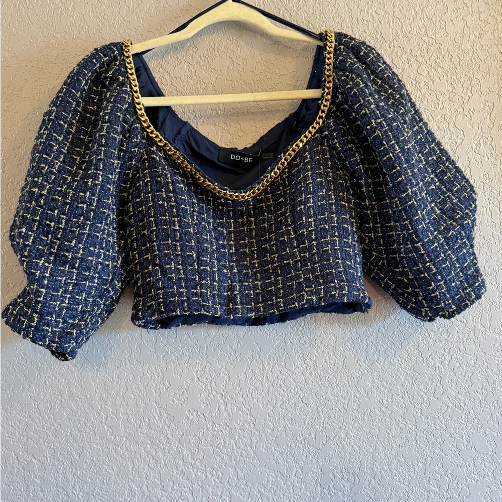 DO+BE Blue Tweed Blouse with Gold Chain Detail